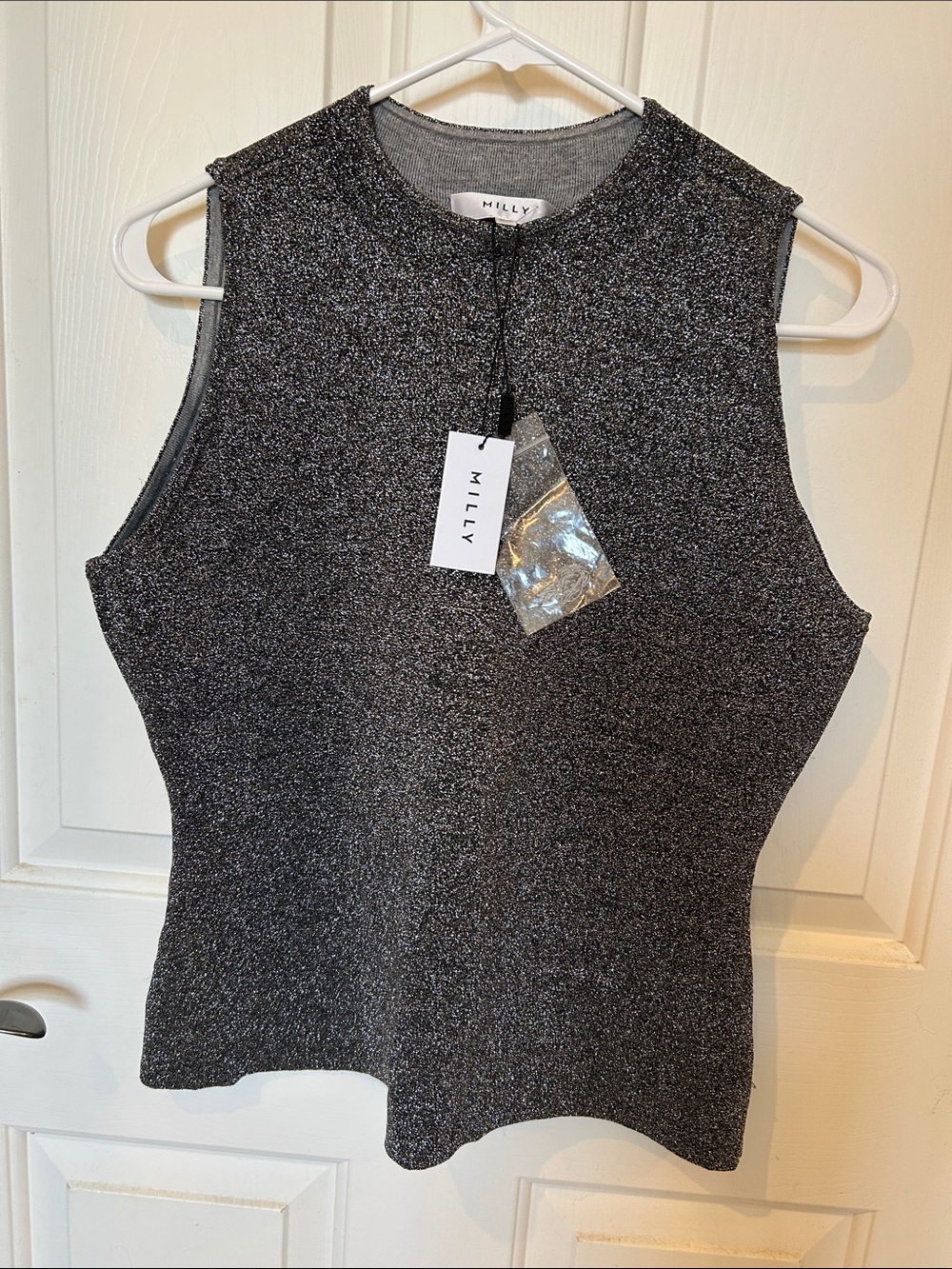 Milly Sparkle Knit Sleeveless Top in Metallic Charcoal